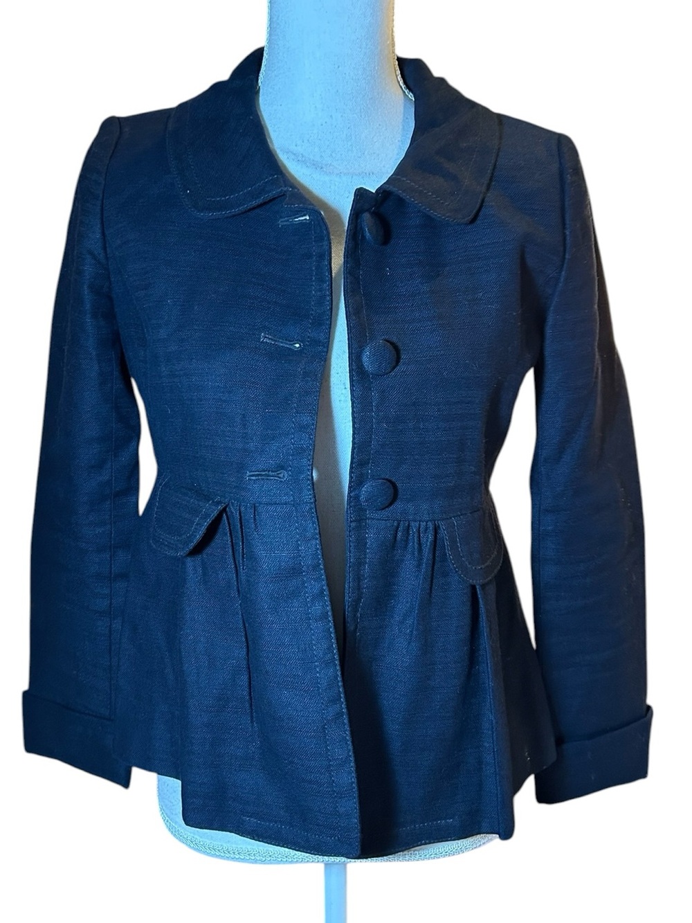 J. Crew Linen Navy Peplum Jacket with Colorful Polka-Dot Lining